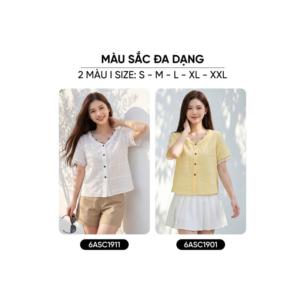 Áo kiểu nữ CARDINA chất liệu thô thêu cổ V tay cộc phối dây trang trí 6AKC27