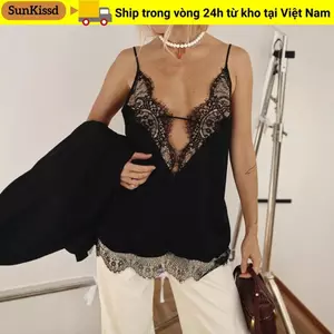 SUNKISSD Sling Top, Áo Tank không tay đường phố cao cấp, Ren đen Phong cách gợi cảm Trang phục dự tiệc