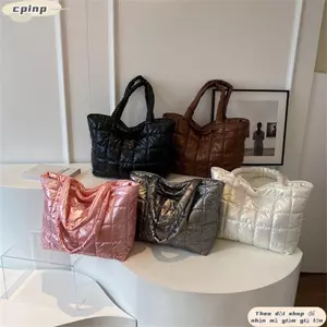 Túi Tote Quilted CPINCP, Túi Đeo Vai Màu Trơn Đệm Cotton, Túi Mua Sắm Dung Tích Lớn Thời Trang Nữ Bé Gái