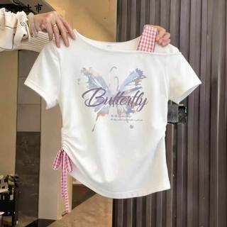 Áo thun bé gái cotton dễ thương - áo trễ vai họa tiết bướm thời trang mùa hè mỏng nhẹ