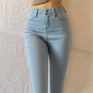 Mùa xuân hè Châu Âu Âu Âu Âu-Áo jean dài đến mắt cá chân màu xanh nhạt dành cho nữ Size lớn co giãn chân đào Quần bút chì Skinny Slim-Fit Slimer Look