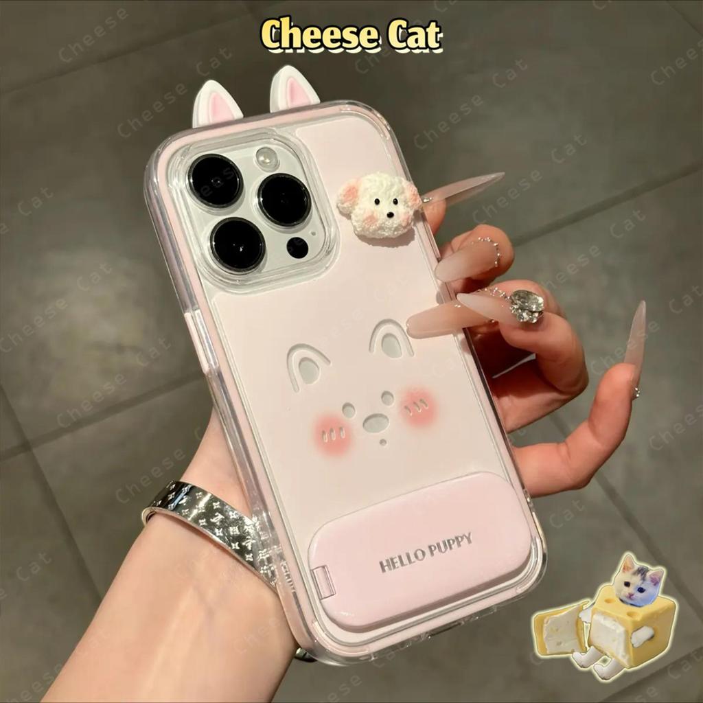 Ốp điện thoại tai chó con 3D dễ thương dành cho iPhone 13 14 15 Plus 16 12 11 17 Pro Max Ốp lưng kèm gương trang điểm