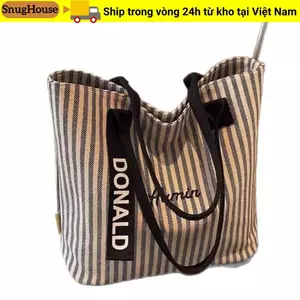 Túi Tote SNUGHOUSE, Túi đeo vai dung tích lớn đa chức năng, Túi vải sọc thông thường dành cho nữ
