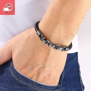 Dây đeo cổ tay bằng da, dây chuyền dệt tay, vòng tay nam bằng thép không gỉ dệt bằng da thật