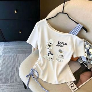 Áo thun bé gái cotton in hình dễ thương lệch vai - áo tay ngắn mùa hè thời trang cho trẻ em