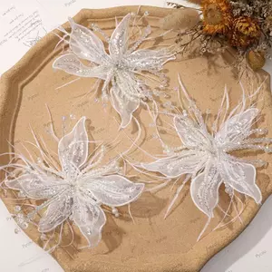 PYCOU Organza Miếng Dán Hoa, Lông Ngọc Trai Pha Lê Hoa DIY May Đề Can, Ren Ethereal Nhiều Lớp Handmade Đính Miếng Dán Thủ Công DIY