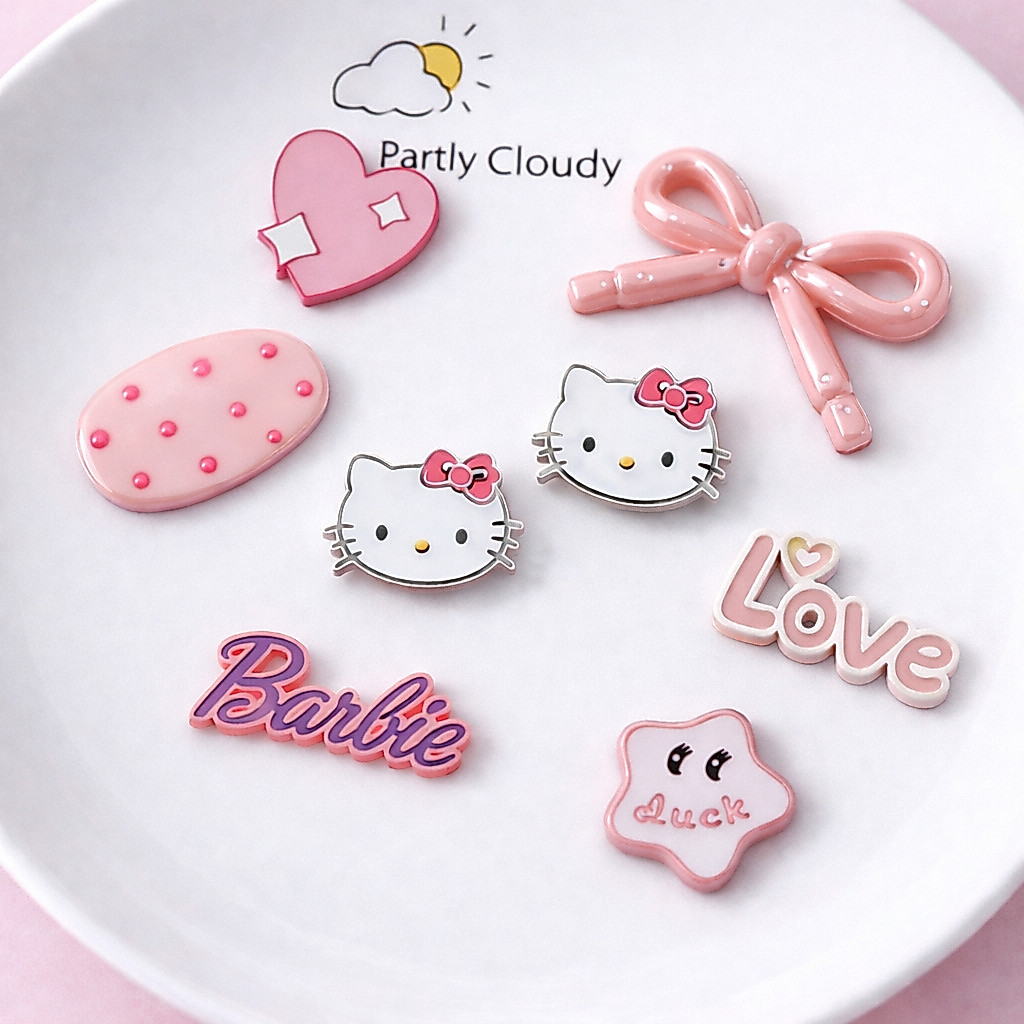 Set Charm Hello Kitty Nơ Hồng Ngọt Ngào Cute Barbie Love May Mắn Phong Cách Kawaii Dễ Thương Trang Trí Dép Phụ Kiện