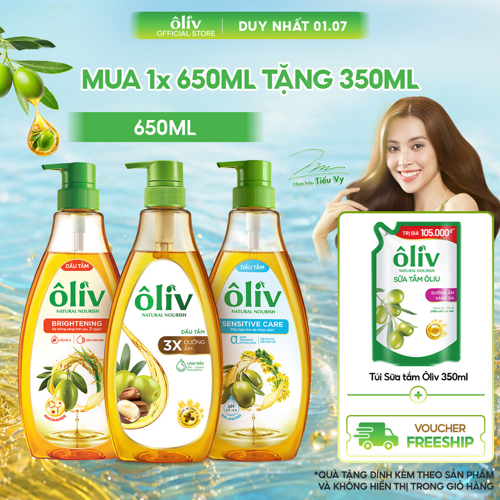 [MỚI - MUA 1 TẶNG 1] Dầu tắm Ôliv 650ML Tặng Túi Sữa Tắm Ôliv Dưỡng Ẩm Sáng Da 350ML