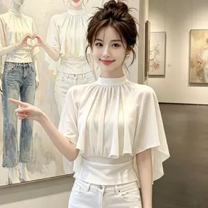 Áo sơ mi voan cổ tròn sang trọng phong cách Pháp mùa hè Áo sơ mi voan cổ tròn sang trọng Nữ tay dơi Niche Phong cách phương Tây Eo hẹp Slimer Look Top
