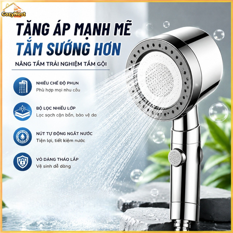 Vòi sen lọc áp lực cao tích hợp bộ lọc kháng khuẩn, nhiều chế độ điều chỉnh, thích hợp sử dụng trong phòng tắm.
