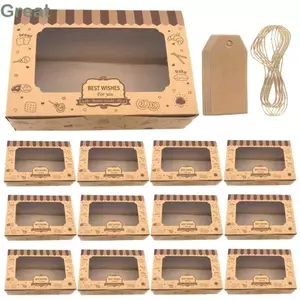 TUYỆT VỜI 12 Hộp đựng bánh ngọt, có dây cuộn và miếng dán Giấy Kraft Hộp bánh tráng miệng, Hộp đóng gói quà tặng cửa sổ trong suốt 2025 Đồ dùng dự tiệc sinh nhật cho bé