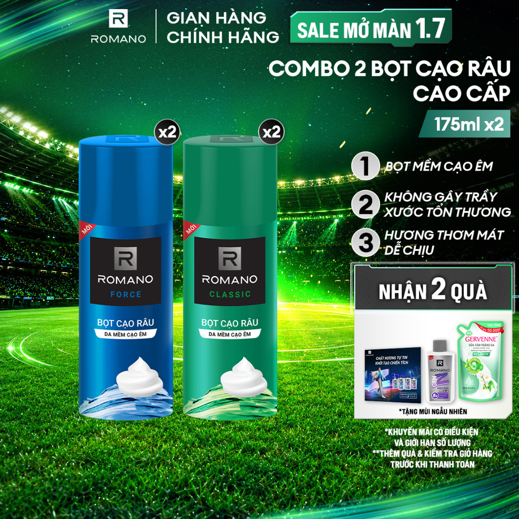 Combo 2 Bọt cạo râu cao cấp cho nam Romano 175ml /chai Classic / Force
