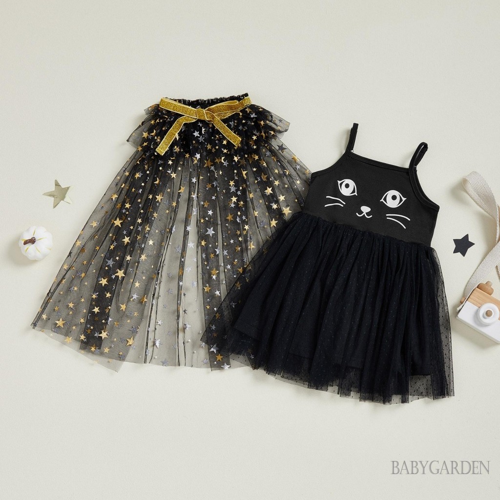 1-6 Tuổi Trẻ Em Bé Gái Halloween Mèo In Hình Mặt Vải tuyn Không Tay Có Khăn Choàng