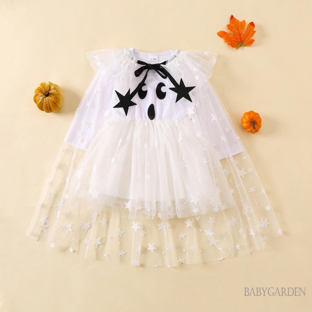 Áo choàng và váy Halloween cho bé gái 1-6 tuổi - Lưới dài tay in hình ngôi sao thường ngày