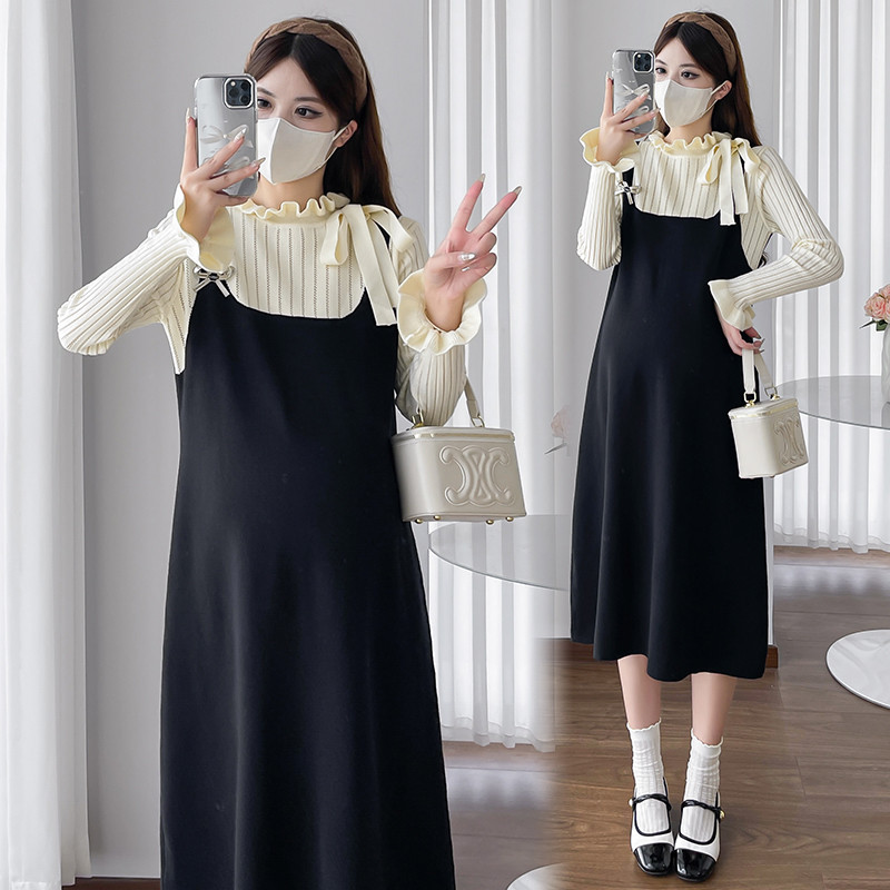 Trang phục bà bầu mùa thu đông Váy dệt kim hai mảnh giả