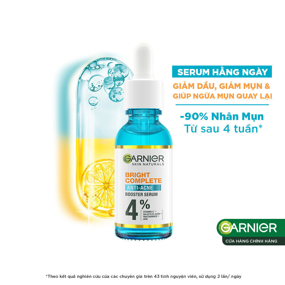 Bộ đôi dưỡng chất cho da dầu mụn Garnier Bright Complete Anti-Acne Serum 4% [Niacinamide, BHA, AHA, Vitamin C] 30mlX2