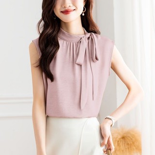 Đứng Cổ Nơ Phối Ren Voan Áo Sơ Mi Nữ Mùa Hè Thời Trang Sang Trọng Người Nổi Tiếng Không Tay Áo Sơ Mi Nhỏ Sang Trọng Top