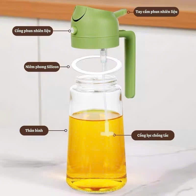 Bình Đựng Dầu Ăn Nước Mắm 470ml Thủy Tinh Tích Hợp Xịt Và Rót Dầu Đa Năng Cao Cấp