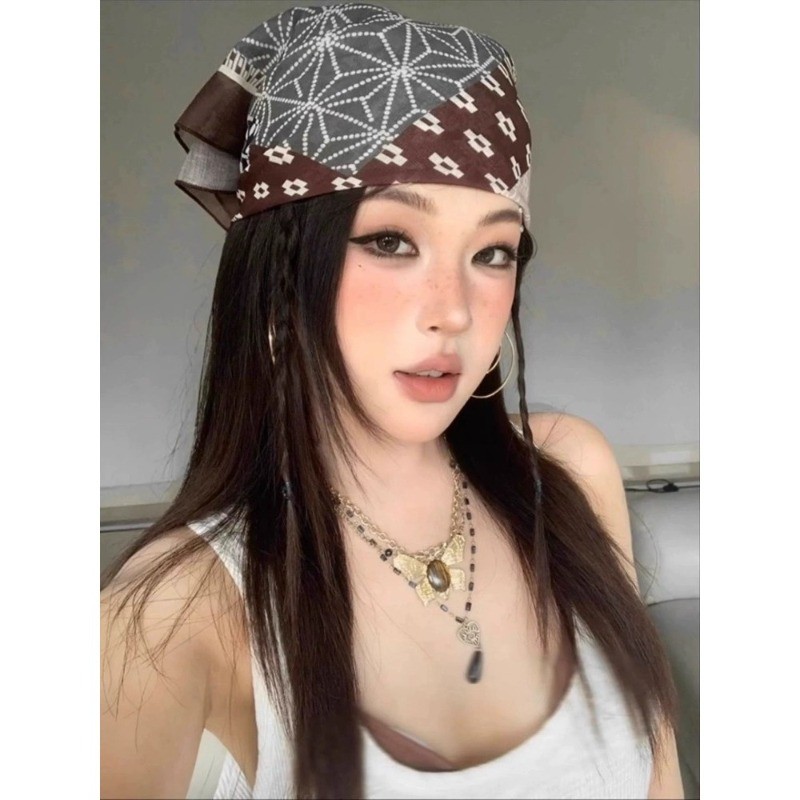 Mỹ Retro Nâu Khăn Trùm Đầu Lụa Cho Thu Đông