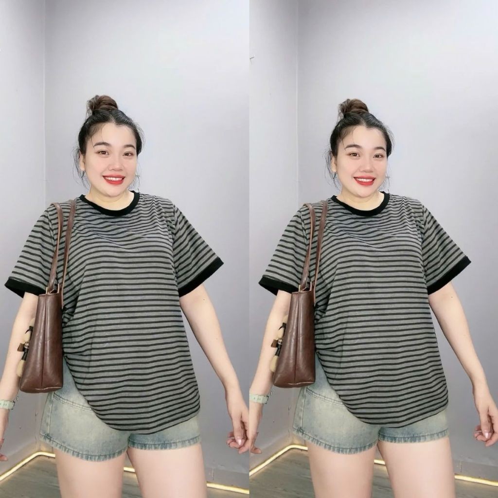 Áo Thun Oversize Bigsize Nữ – Phom Rộng Kẻ Sọc Phối Viền Màu, Thoải Mái Size 50-92kg A294