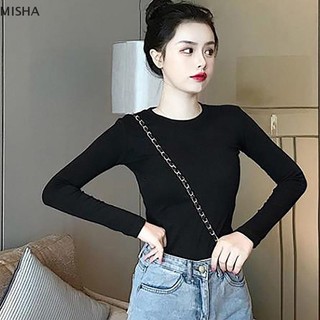 Misa Mùa Thu Nữ Màu Trơn Cổ Tròn Dài Tay Áo Sơ Mi Đáy Thường Ngày