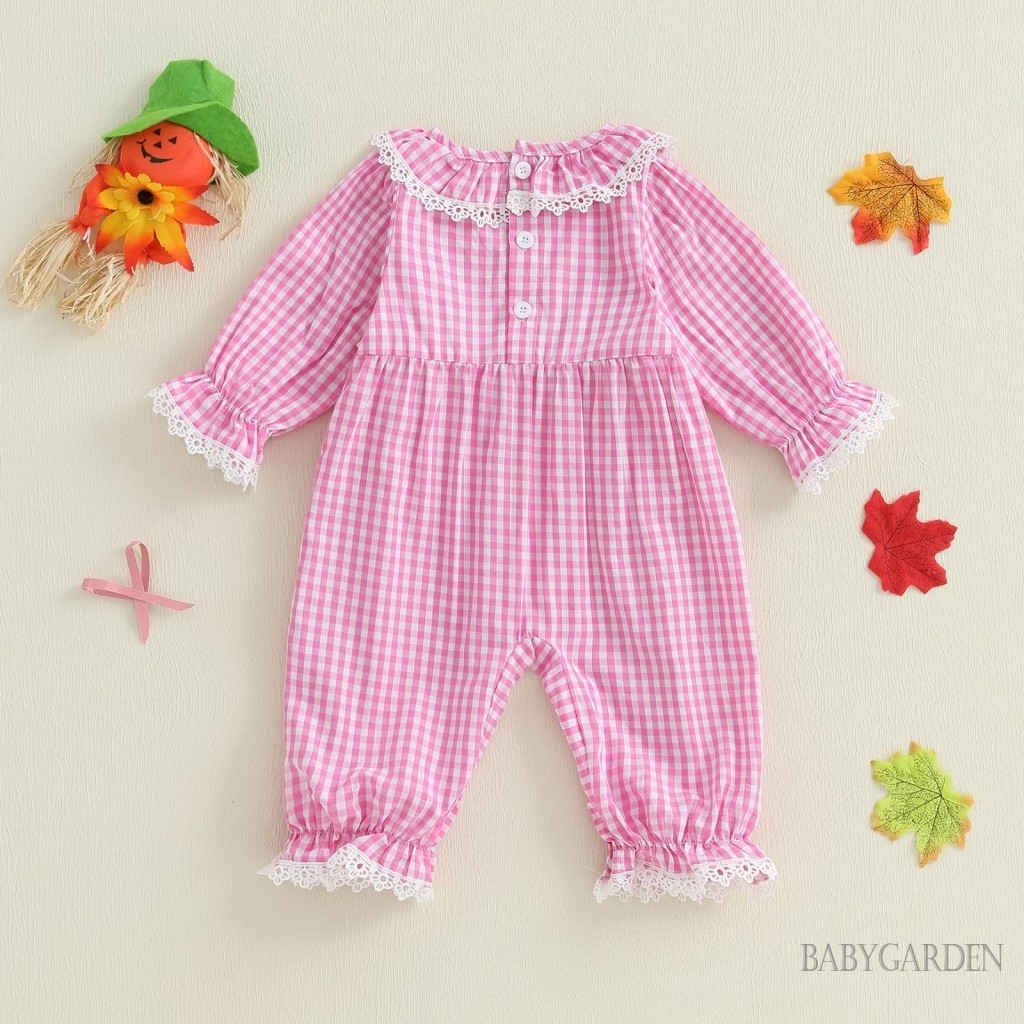 Bộ áo liền quần Halloween cho bé gái - Ren kẻ sọc thêu cổ tròn dài tay cho mùa thu