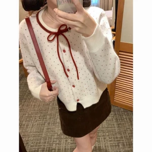 Áo khoác Cardigan len chấm bi phối nơ phong cách tiểu thư hàng QCCC XIMIMI SP386