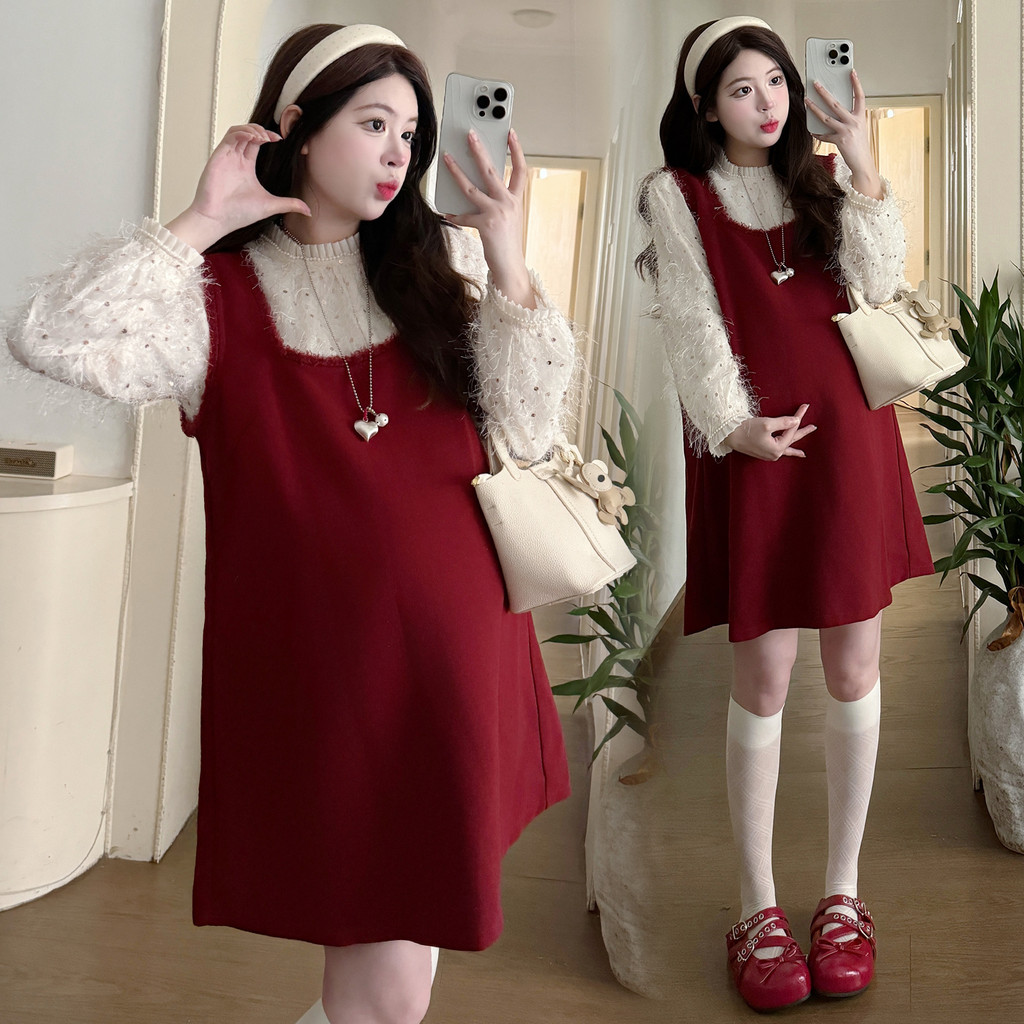 Bộ đồ bà bầu Thu Đông Váy sơ mi đính sequin Bộ đồ hai mảnh