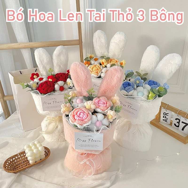 Bó Hoa Hồng Len Tai Thỏ Bunny, Hoa Hồng Len Kèm Túi Thiệp Đèn LED Dễ Thương,Quà Sinh Nhật Cho Cô Gái