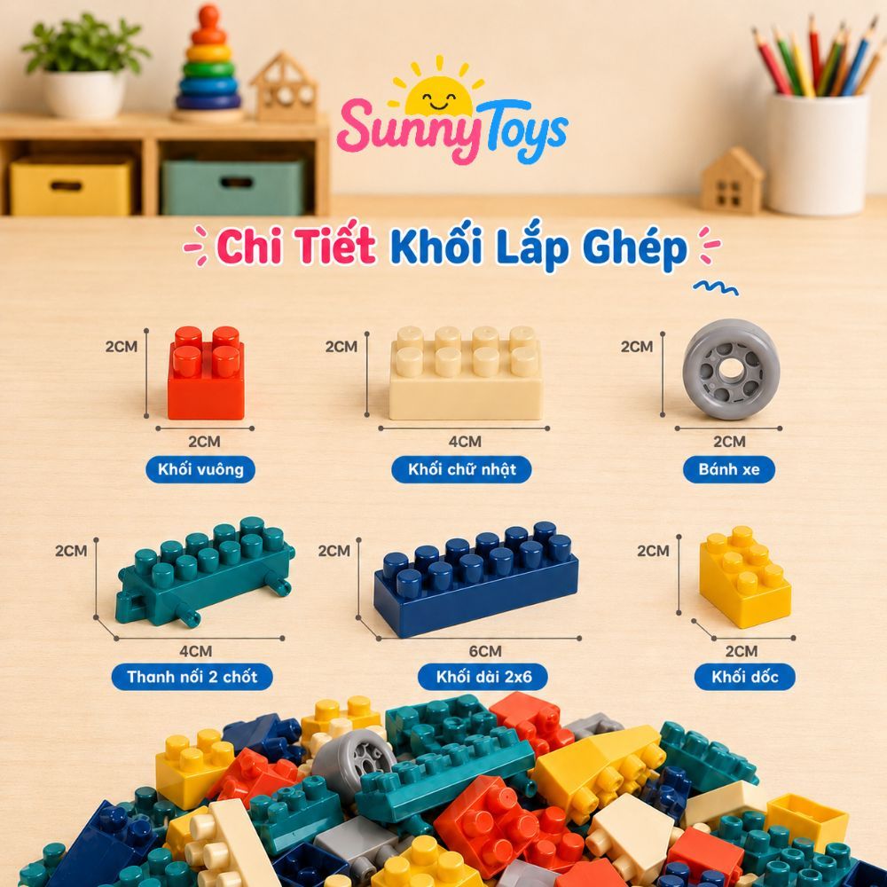 Bộ Xếp Hình 520 Chi Tiết To SunnyToys  - Bé Lắp Nhà, Xe Và Mô Hình Sáng Tạo