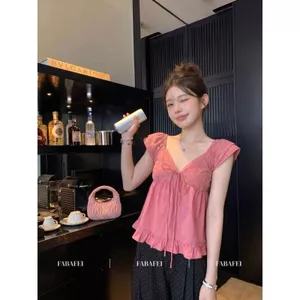 Phong cách kỳ nghỉ kiểu Pháp Cổ chữ V khâu ren Jacquard Range Rover Áo sơ mi bé tay bay nhỏ dành cho nữ mùa hè Áo giảm tuổi ngọt ngào