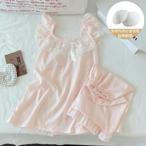 Đồ Ngủ Xuyên Biên Giới Bộ Đồ Ren Tươi Trẻ Mùa Hè Cho Nữ Bộ Đồ Mặc Nhà Có Đệm Ngực