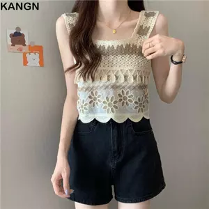 Áo Vest không tay KANGN, Áo Crop top dệt kim họa tiết thêu, Áo ngắn cổ điển mùa hè thanh lịch dành cho nữ