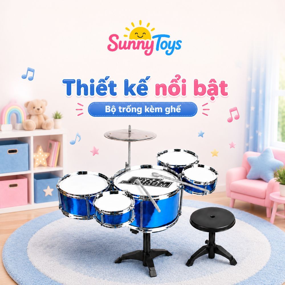 Dàn Trống Jazz Mini Sunnytoys Kèm Ghế - 5 Mặt Trống, 1 Chũm Chọe Cho Bé Vui Chơi Âm Nhạc