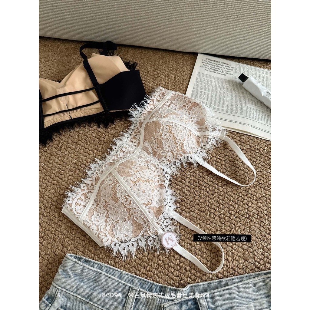 Quần lót lưng đẹp ren lông mi kiểu Pháp dành cho nữ | Áo ngực cúp cố định không dây Hot Girl Phong cách Push-Up Gợi cảm Sling Mỏng Thoải mái