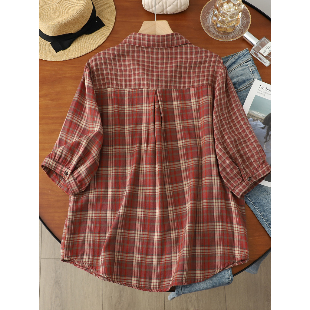 [Hàng có sẵn] Áo sơ mi nữ cotton cao cấp 2026 màu tương phản mùa hè, tay lỡ, dáng rộng, đa năng