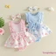 Bộ áo liền quần cổ tròn không tay in nơ hoa cho bé gái có dây đeo đầu nơ