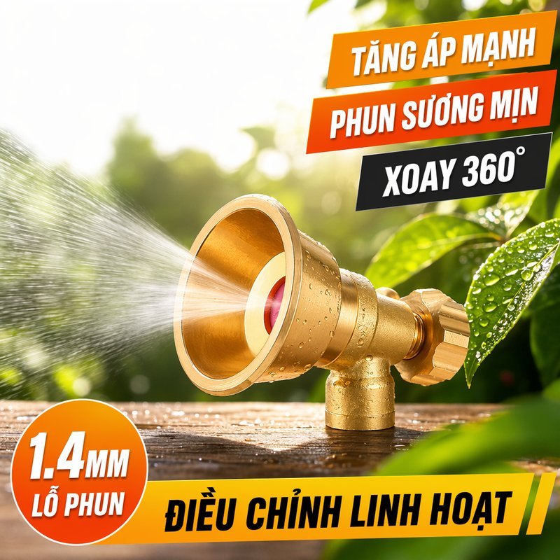 Đầu Phun Nước đồng Ren Trong 14mm Vòi Tưới Cây Tăng áp Xoay Chỉnh Tia Nước Rửa Xe Sân Vườn