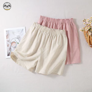 Quần short vải lanh Cotton nữ màu trơn / Quần nhà năm điểm mỏng mùa hè / Quần Pyjama thông thường đơn giản / Quần short ngoài có thể mặc
