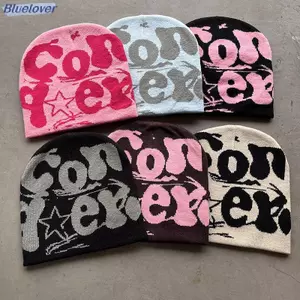 Bluelover Vintage Y2K Len Acrylic Dệt Kim Mũ Nữ Beanie Mùa Đông Ấm Bò Bông Tai Kẹp Hip Hop Thường Ngày Skullies Mũ Ngoài Trời Mới