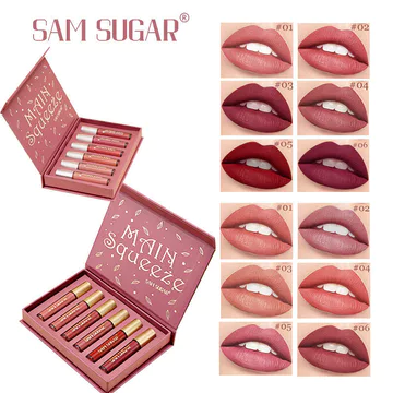 son bóng son bóng lì lâu trôi SAM SUGAR Matte Non-Stick Cup 6 Miếng Son Bóng Hộp Quà Tặng Bộ Matte Velvet Lip Glaze Xuyên Biên Giới
