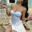 Châu Âu Mỹ Phong Cách Xanh Trắng Kẻ Sọc Xương Cá Corset Ren Cạnh Eo Ngọt Ngào Tươi Phong Cách Mỏng Ngắn Top 71625