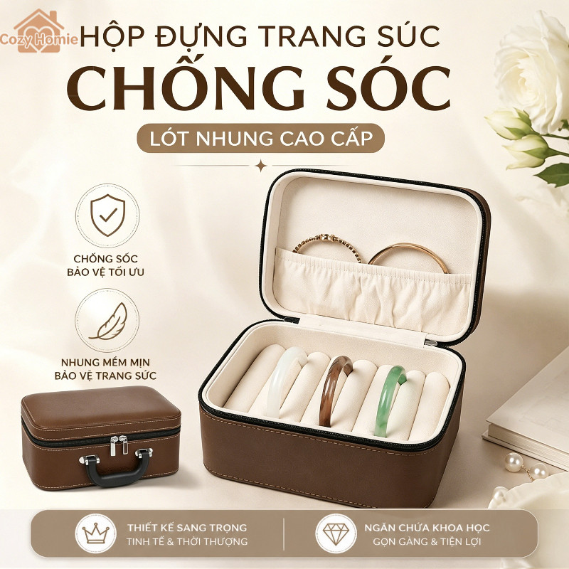 Hộp Đựng Trang Sức Da PU Lót Nhung Chống Sốc Đựng Nhẫn Dây Chuyền Vòng Tay Du Lịch Quà Tặng