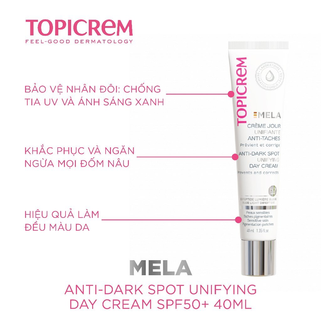 Kem chống nắng TOPICREM MELA ANTI-DARK SPOT UNIFYING DAY CREAM SPF50+ 40ml giúp giảm sự xuất hiện các sắc tố