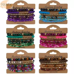 NKSFX 7 Cái / bộ Bộ Vòng Tay Hạt, Bộ Lắc Tay Dây Co Giãn Handmade Có Thể Xếp Chồng, Dây Xích Co Giãn Bohemian Nhiều Màu Sắc Dây Xích Tay Trang Sức