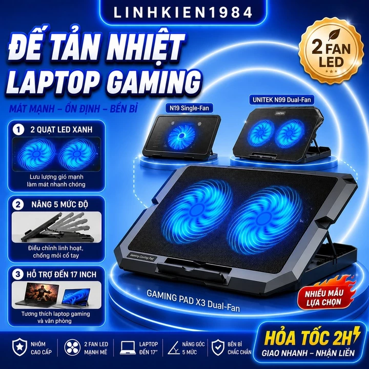 Đế Tản Nhiệt Laptop X3 Dành cho laptop từ 17 inch trở xuống- Loại Cao Cấp, 2 Fan , Đế Nâng 45 Độ HOT HOT