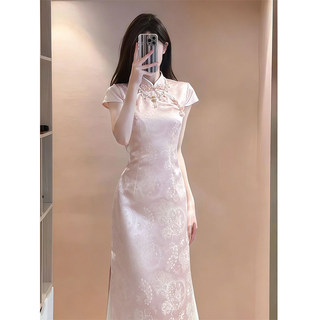 Đầm sườn xám cổ đứng màu hồng phong cách Trung Quốc mới cho nữ, đầm dài ôm dáng thanh lịch mùa hè