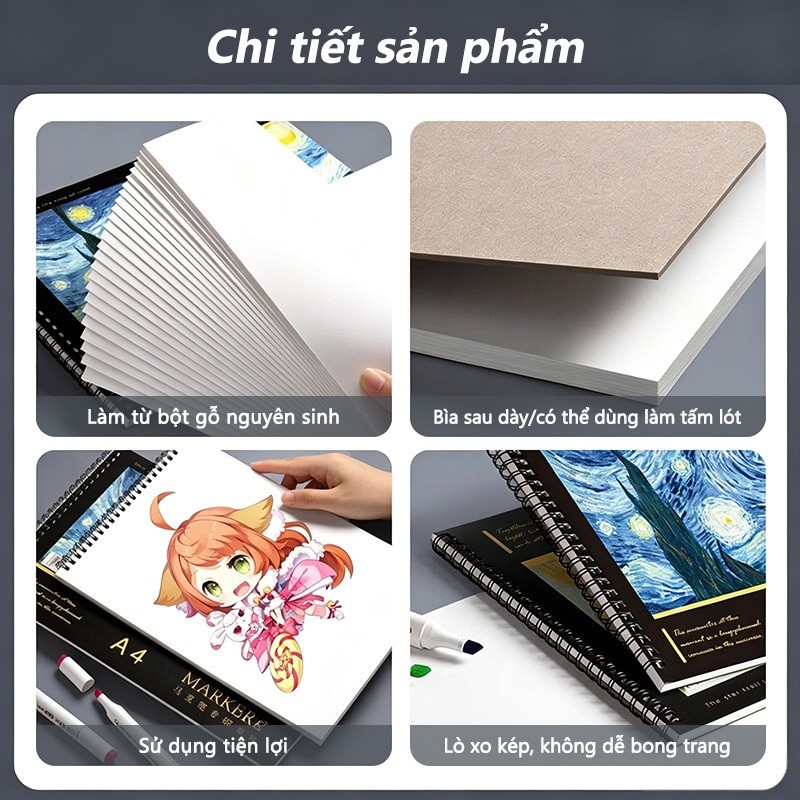 Sổ vẽ phác thảo 60 tờ giấy siêu dày A4 gáy lò xo màu nước sketchbook bìa cứng cho học sinh mỹ thuật