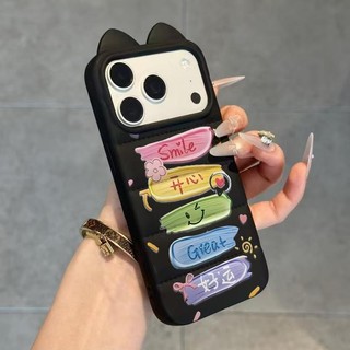 Ốp lưng tai mèo vàng áo lông vũ chữ Smile Good Luck phong cách thích iPhone 16/17 ProMax/15 Pro Max/14/13/12/11/X/XS Max