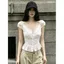 Phong cách mục vụ Pháp Cổ chữ V cổ chữ V cổ hẹp Xù ngắn tay dành cho nữ mùa hè Slim-Fit Áo Vest thiết kế ngọt ngào